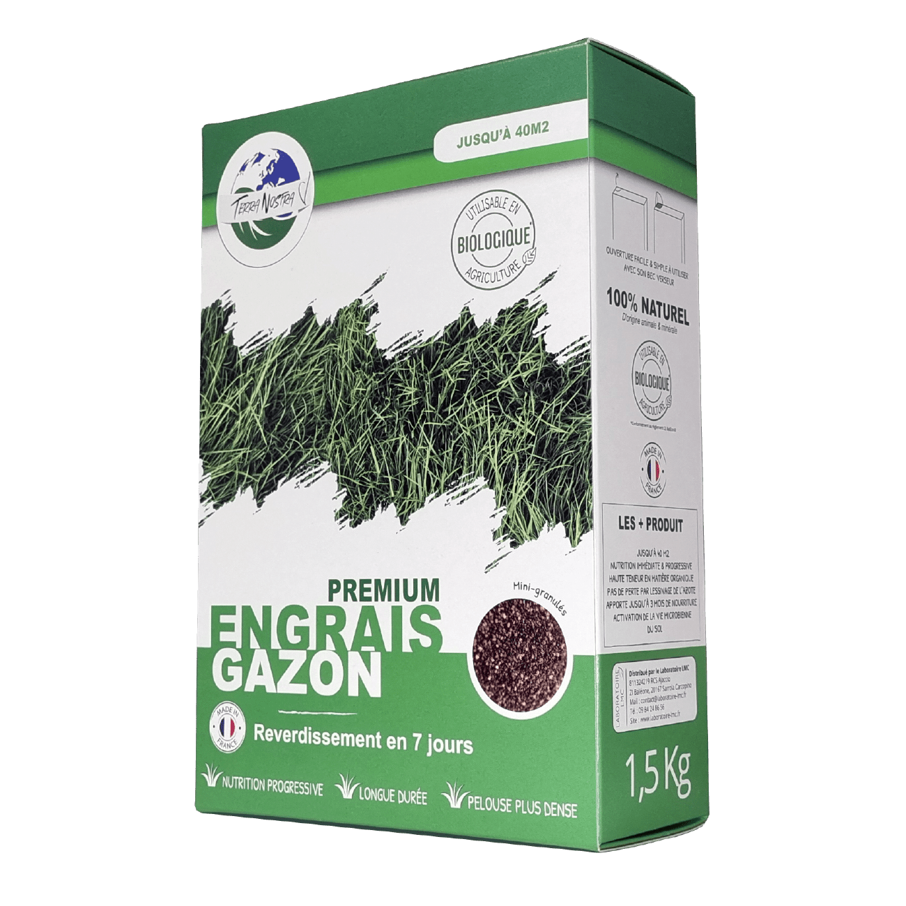 Terra Nostra engrais gazon premium granules boite 1,5 kg 40 m2