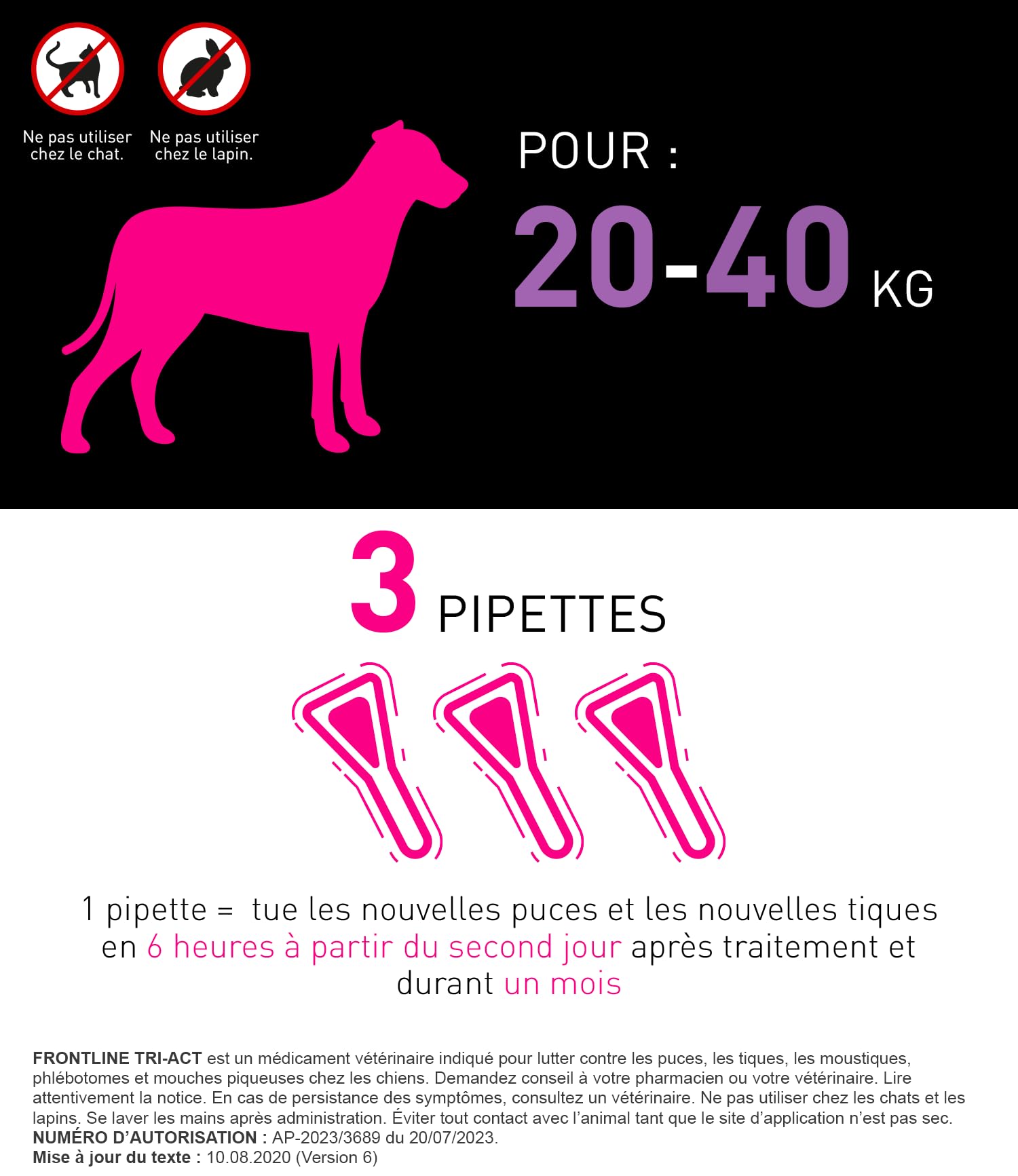 Frontline Tri-Act Chien L 20-40 kg antiparasitaire 3 pipettes 5 parasites