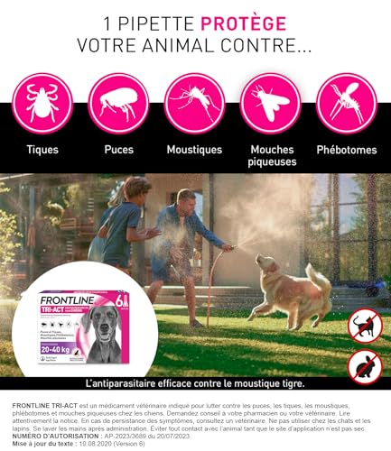 Frontline Tri-Act Chien L 20-40 kg antiparasitaire 6 pipettes 5 parasites