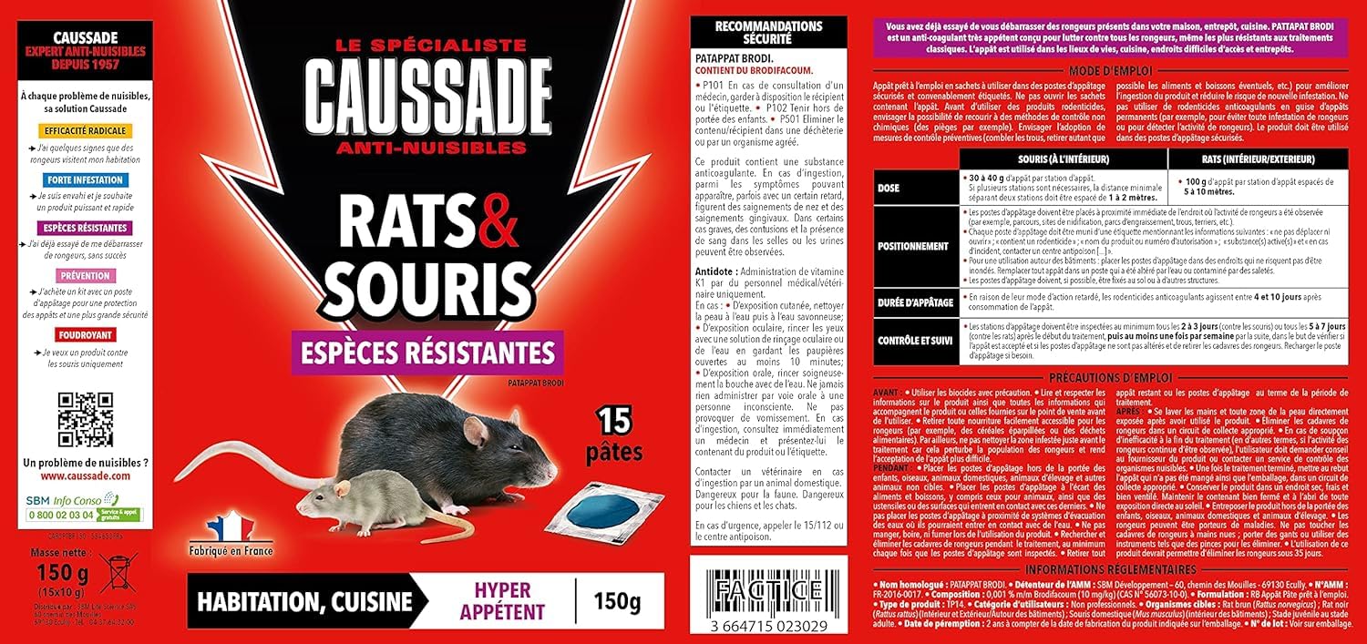 Caussade Raticide Canadien pâte anti-souris 15 sachets 150g