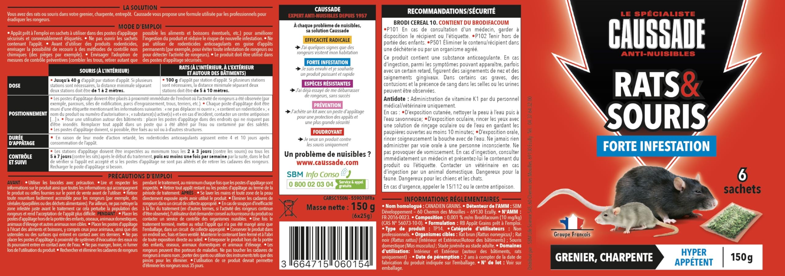 Caussade Anti-Rats & Souris CARSC150N raticide céréales 150g forte