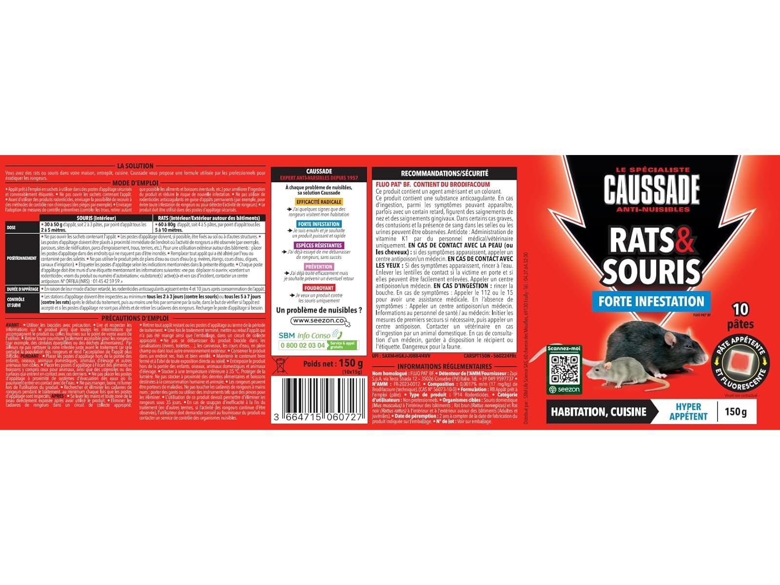 Caussade Anti-Rats & Souris pâte 10 sachets 150g forte infestation
