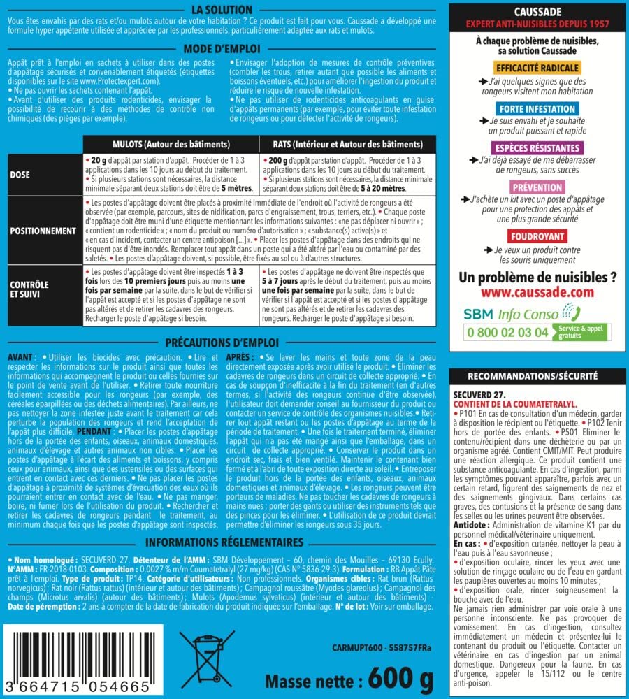 Caussade Anti Rats Mulots pâte 60 sachets 600 g