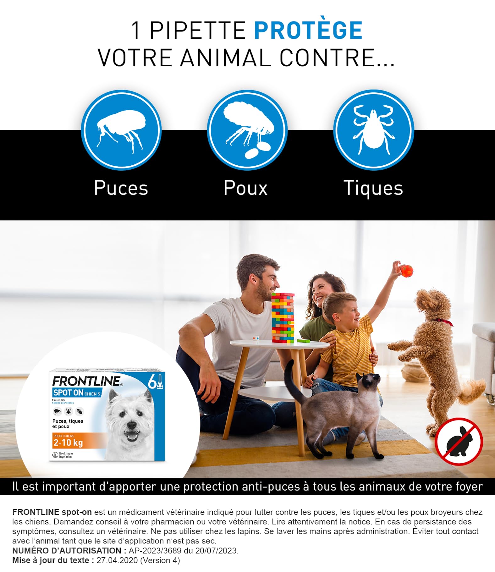 Frontline Spot On chien 2-10kg 6 pipettes puces tiques
