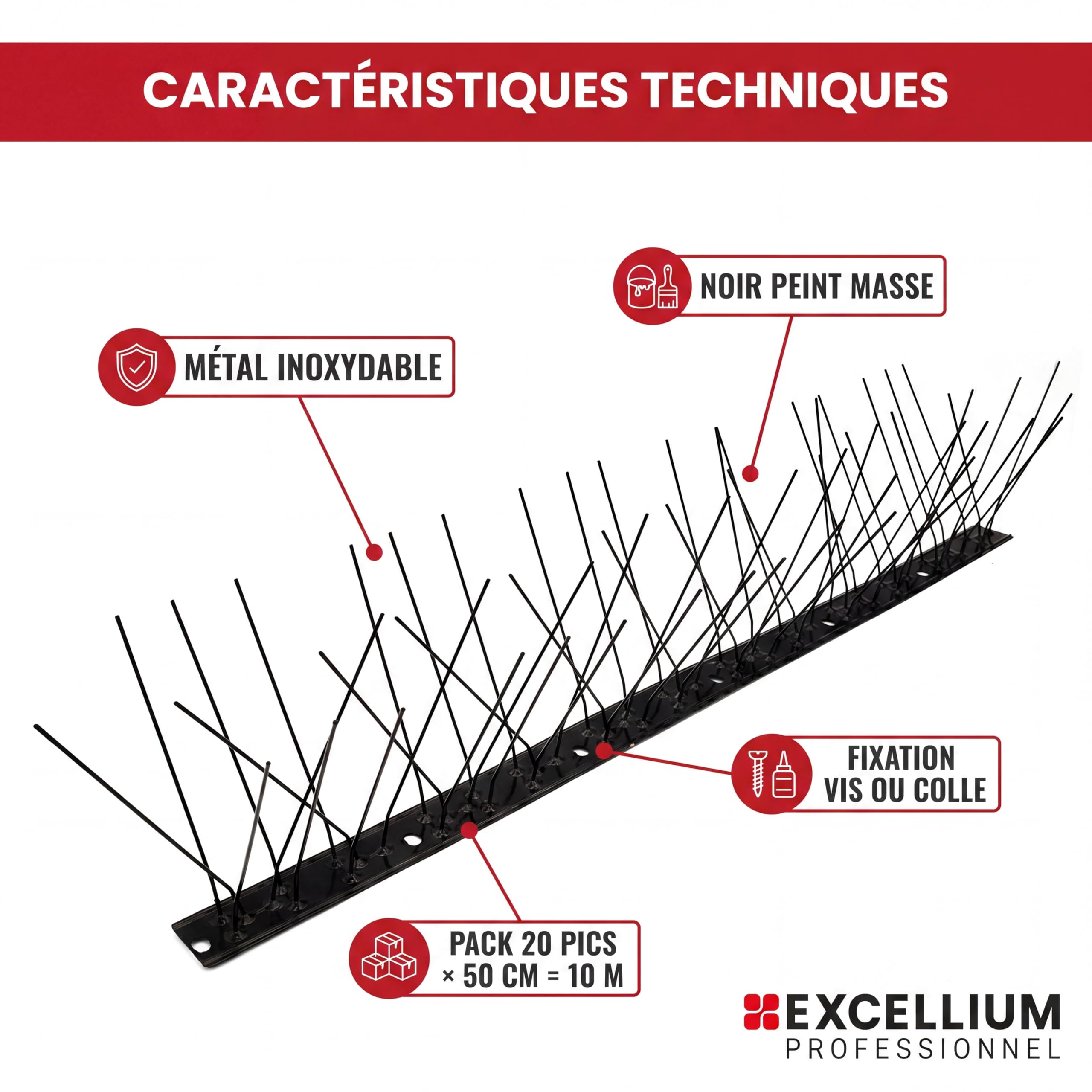 Excellium Professionnel pics anti pigeons inox noir 10 m lot 20