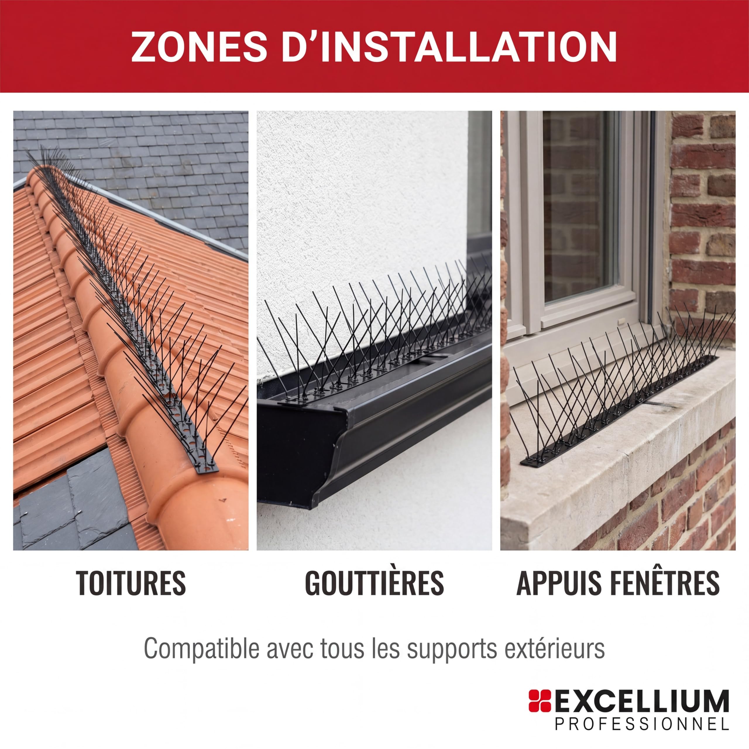 Excellium Professionnel pics anti pigeons inox noir 10 m lot 20