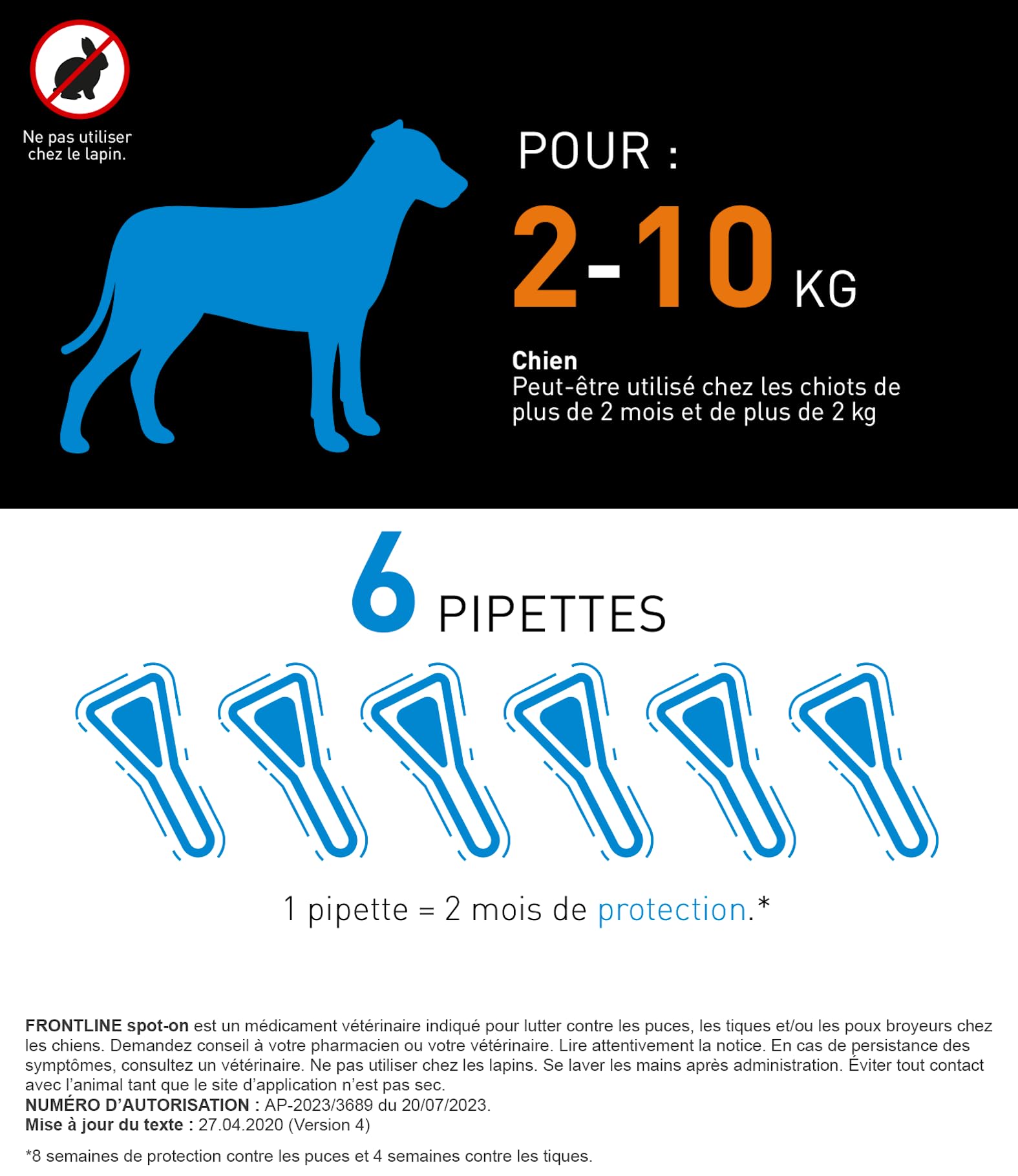 Frontline Spot On chien 2-10kg 6 pipettes puces tiques