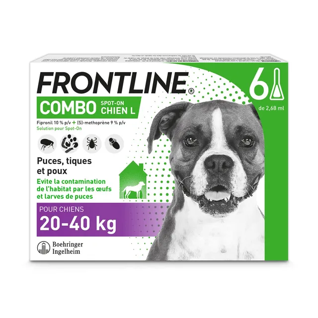 Frontline Combo L pipettes chien 20-40 kg 6 pipettes puces habitat