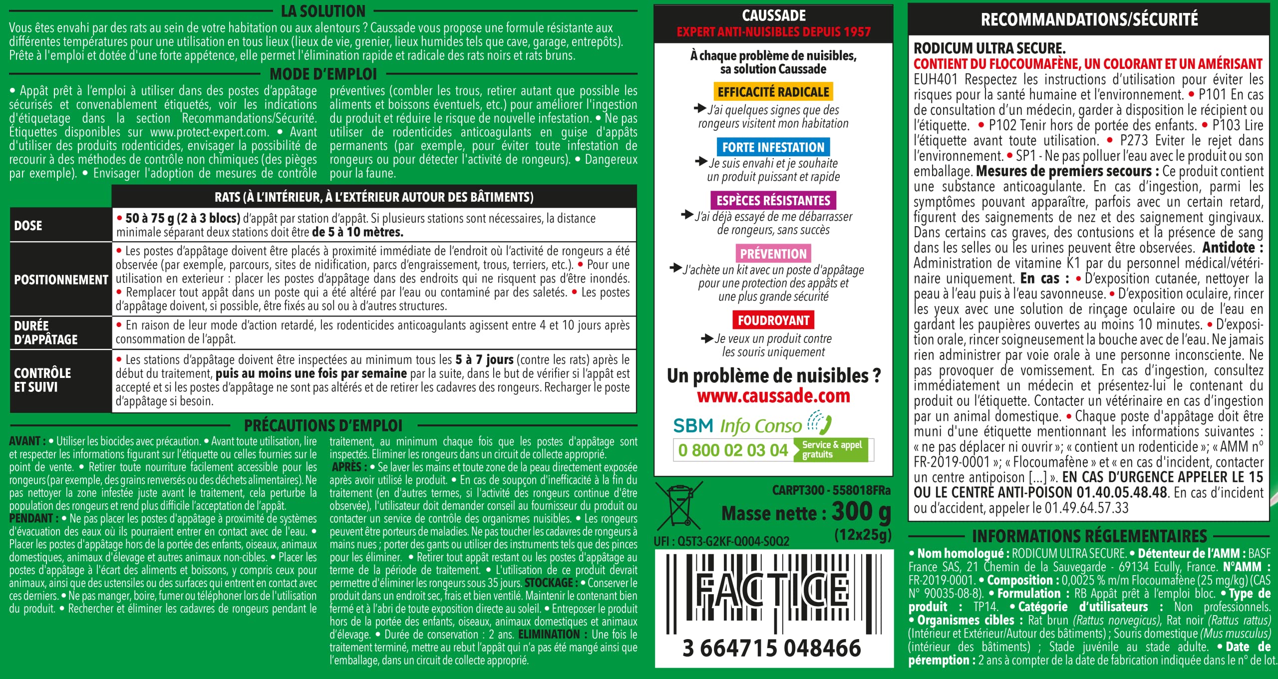 Caussade Raticide Canadien 12 blocs flocoumafen raticide 300g rats