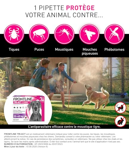 Frontline Tri-Act Chien L 20-40 kg antiparasitaire 3 pipettes 5 parasites