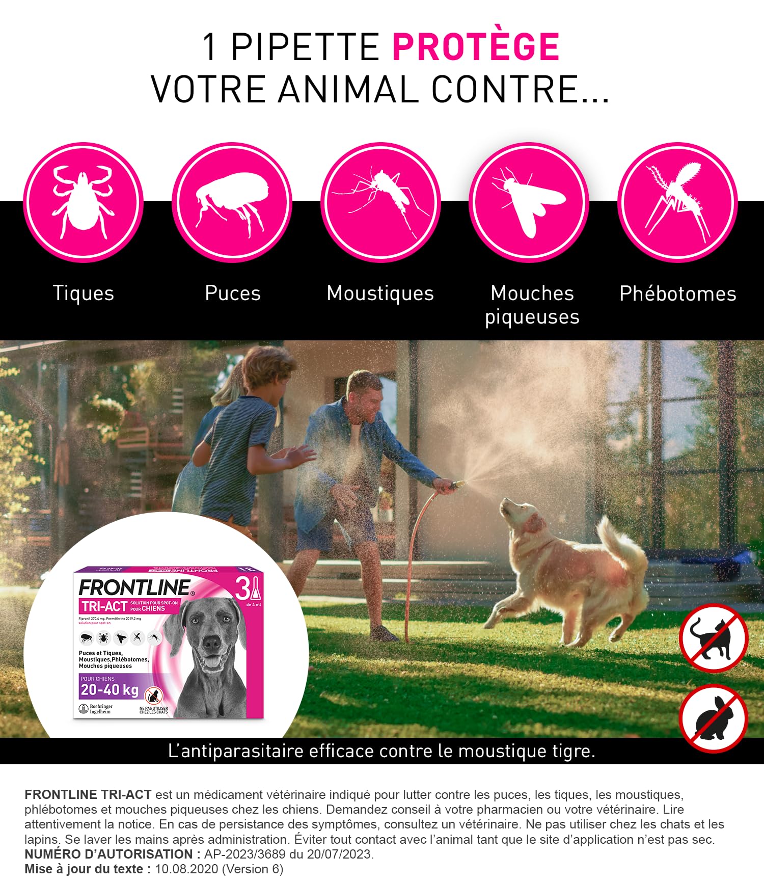 Frontline Tri-Act Chien L 20-40 kg antiparasitaire 3 pipettes 5 parasites