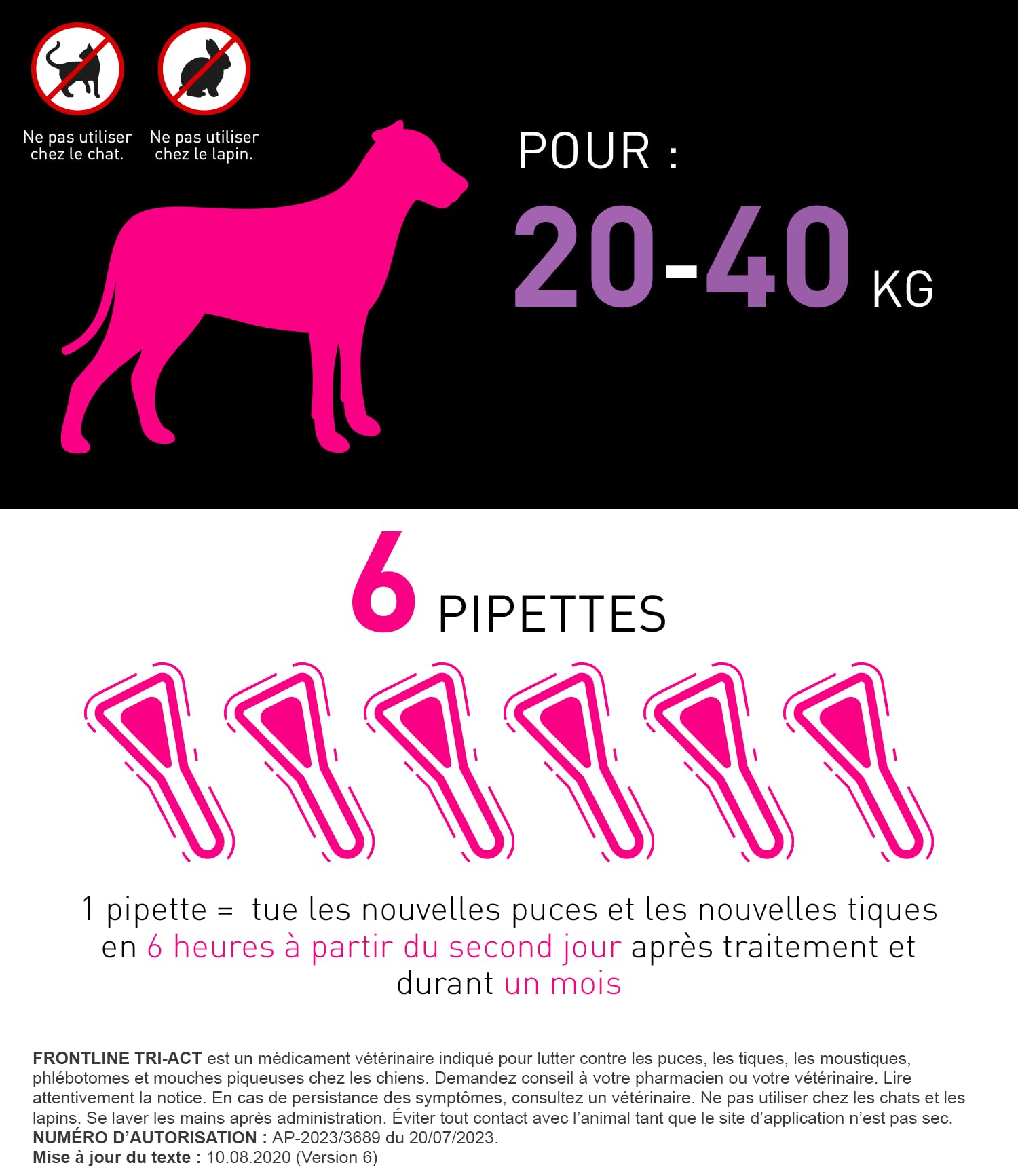 Frontline Tri-Act Chien L 20-40 kg antiparasitaire 6 pipettes 5 parasites