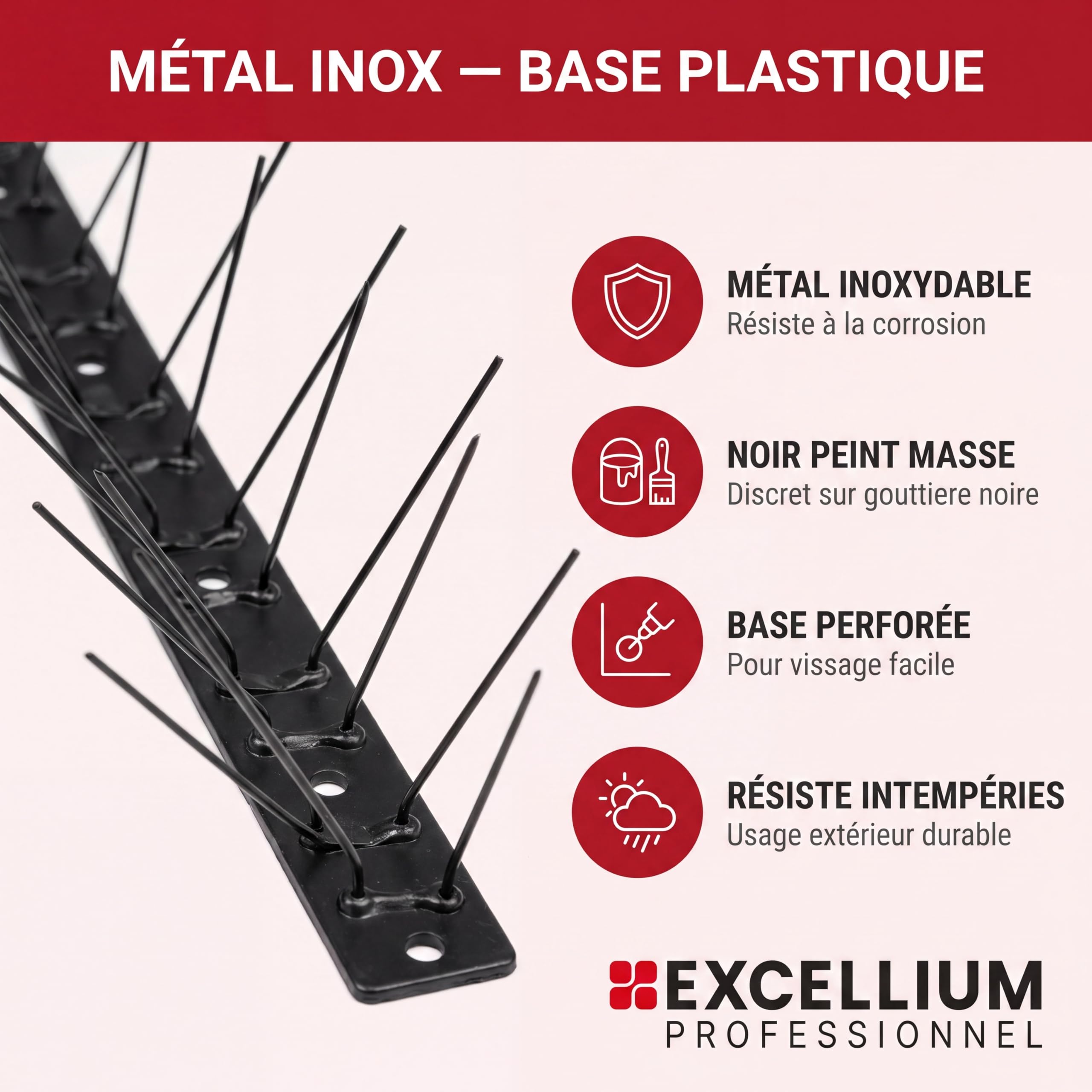 Excellium Professionnel pics anti pigeons inox noir 10 m lot 20