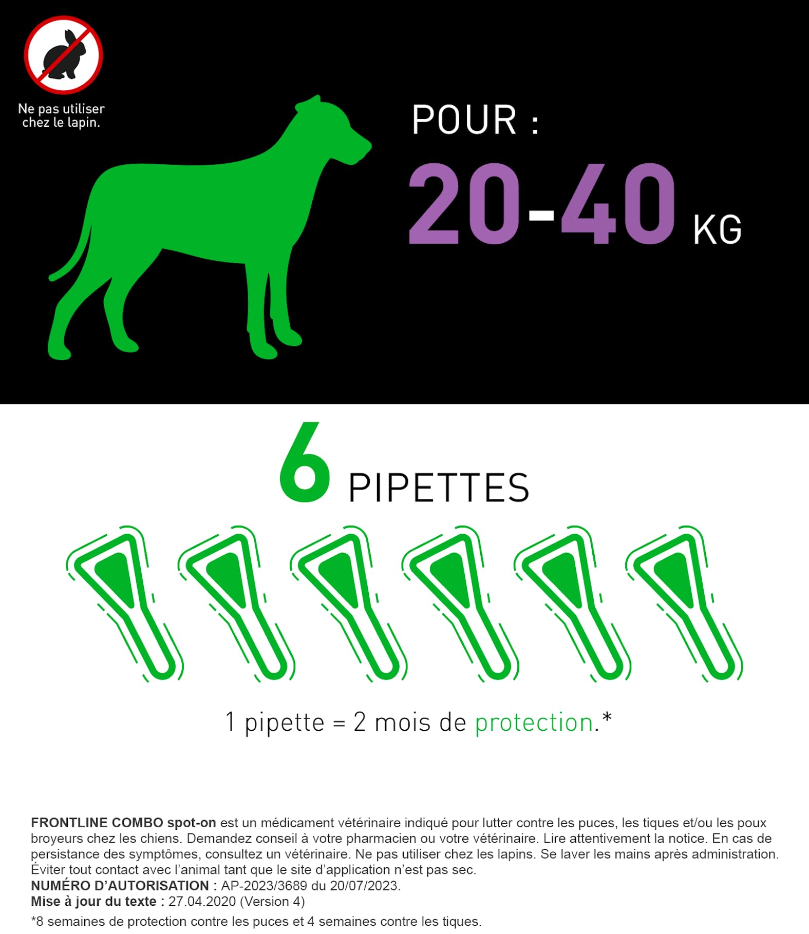 Frontline Combo L pipettes chien 20-40 kg 6 pipettes puces habitat