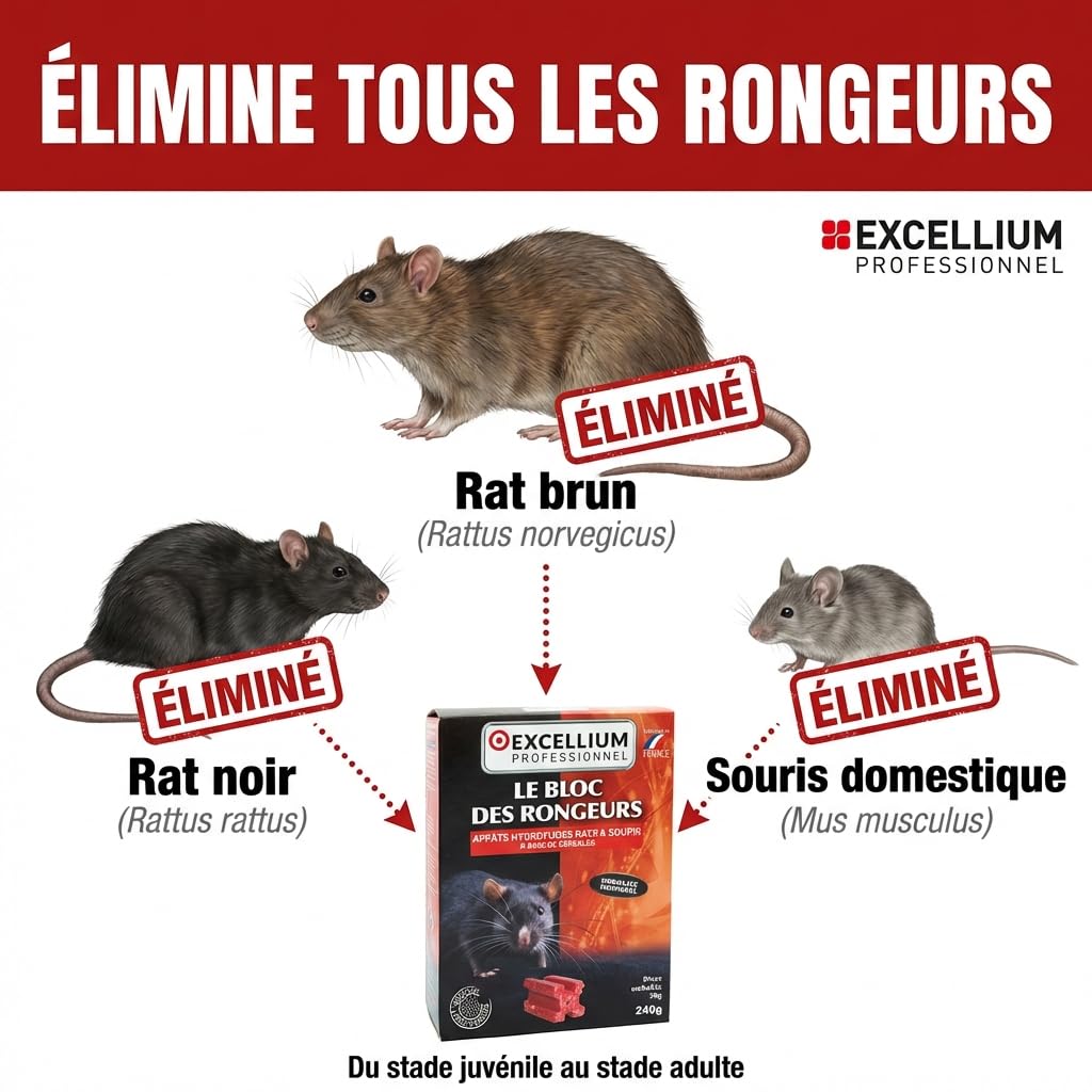 Excellium bloc appâts anti-rats souris 240 g hydrofuge