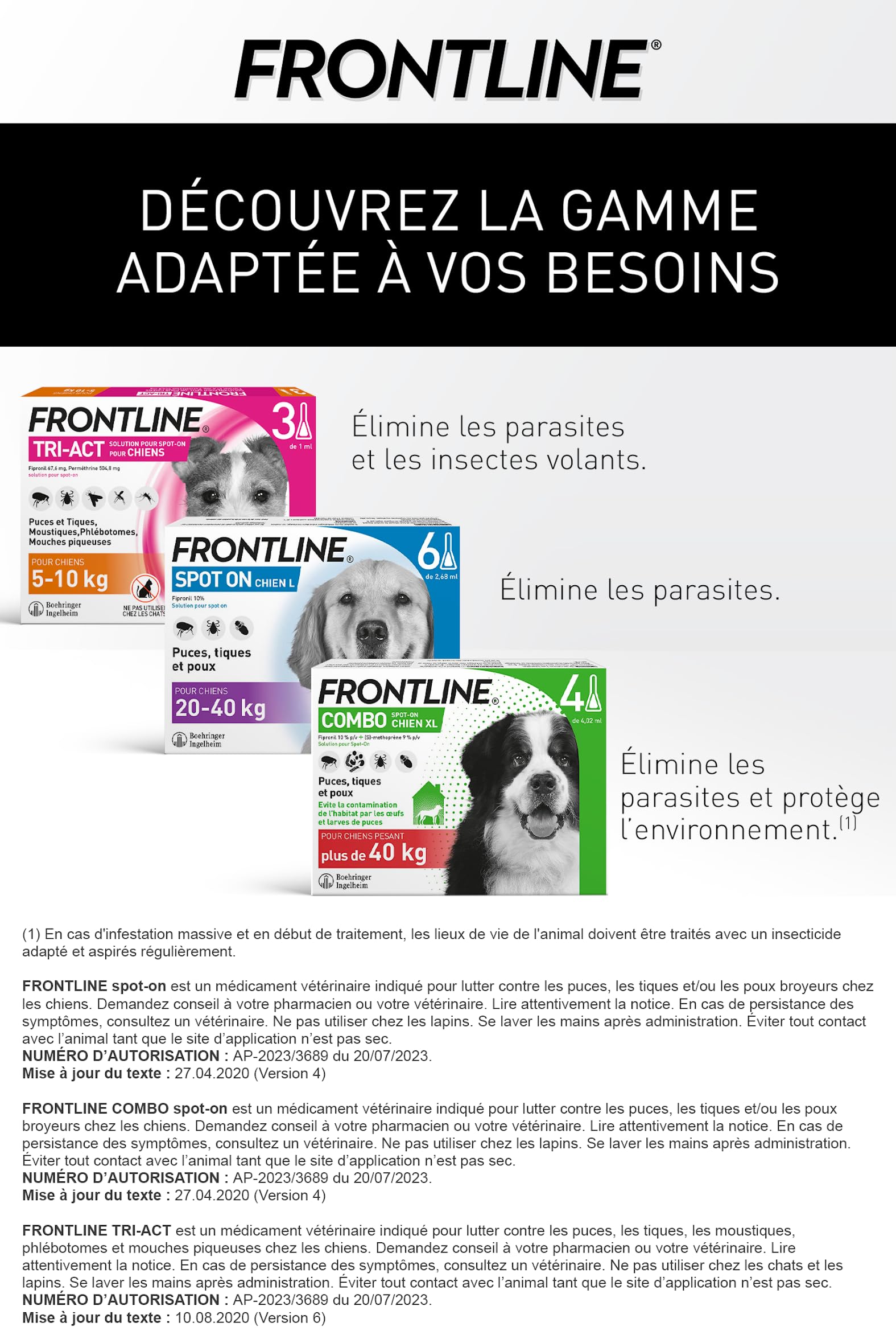 Frontline Combo L pipettes chien 20-40 kg 6 pipettes puces habitat