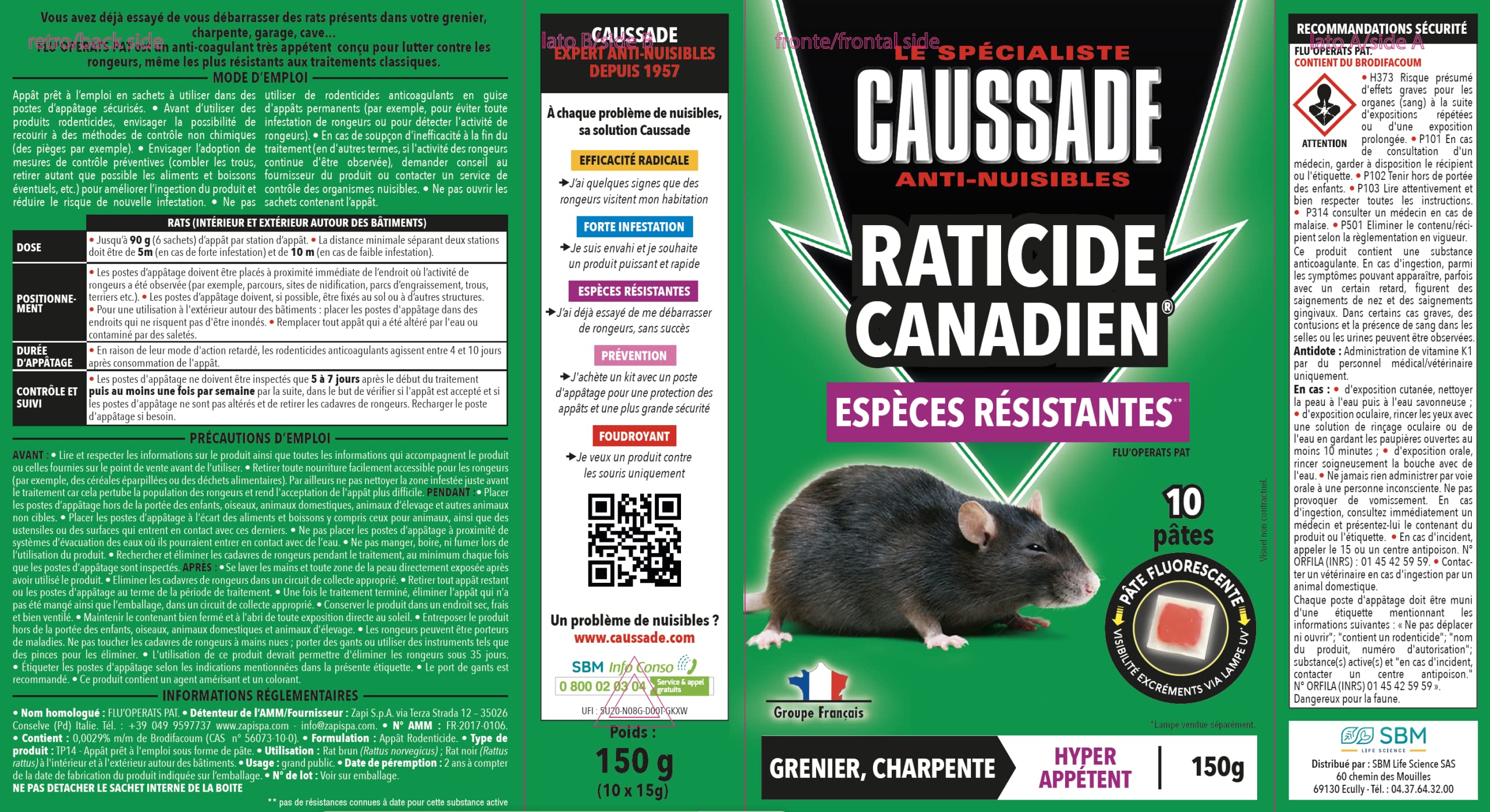 Caussade Anti-Rats raticide 10 pâtes 150 g 1 boîte appétent