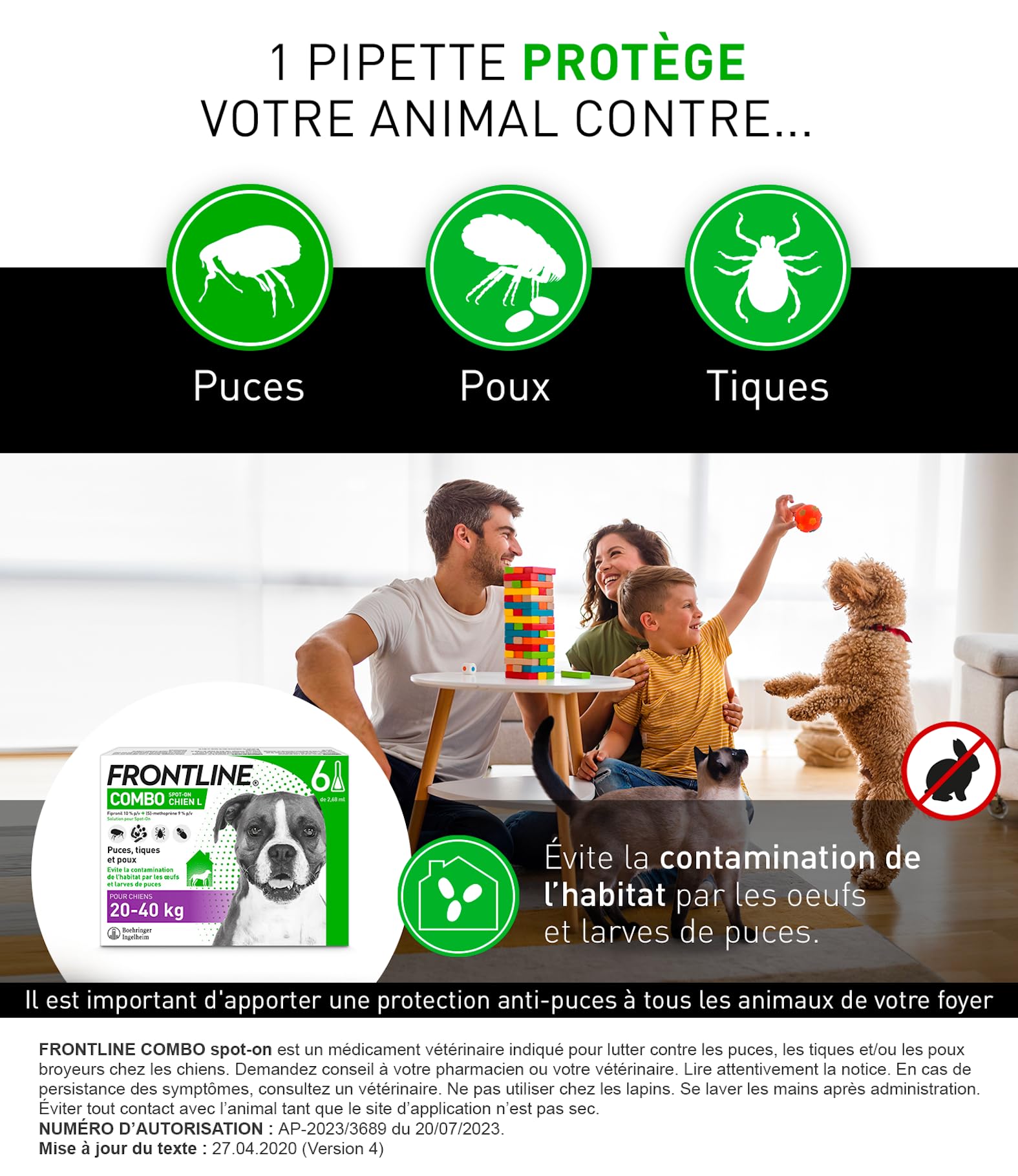 Frontline Combo L pipettes chien 20-40 kg 6 pipettes puces habitat