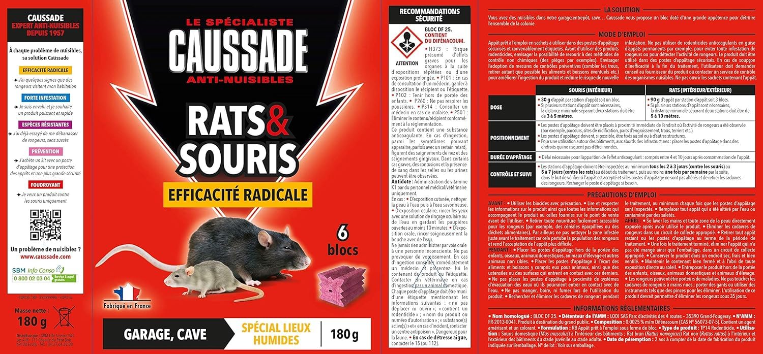 Caussade anti-rats et souris blocs 6 appâts 180 g