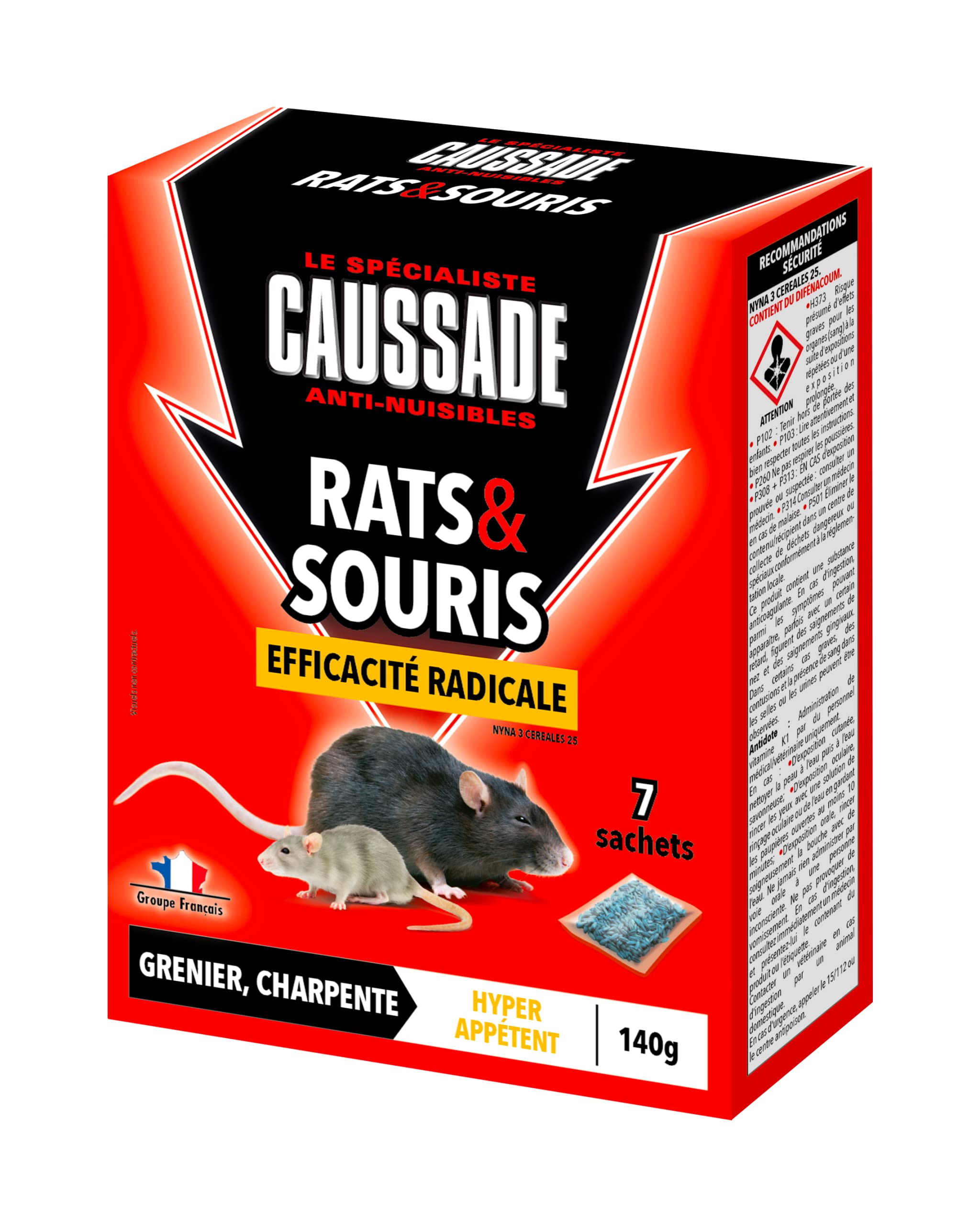 Caussade appât céréales rats souris 7 sachets 140 g action 1ère prise
